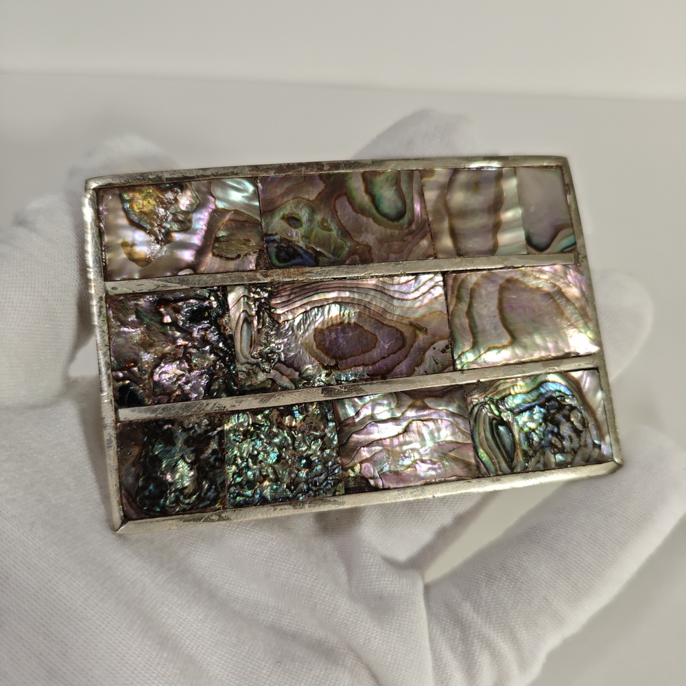 Vintage Mexican Abalone Shell Belt Buckle Mens Rectangular Inlay Western